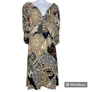 Women's Dress, Size Large, Brown, Tan, Cream Geometric Abstract Print, Midi, EUC